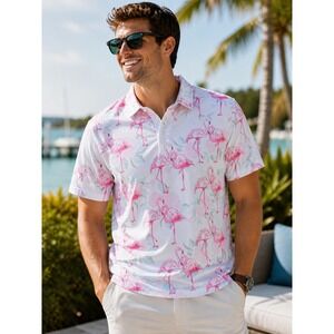 Deolax Mens 2XL Flamingo Floral Performance‎ Golf Polo Shirt Short Sleeve Pink